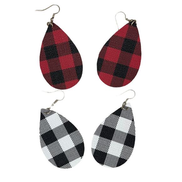 Faux Leather Teardrop Earrings Buffalo Plaid Red & Black and Black & White - Picture 6 of 6